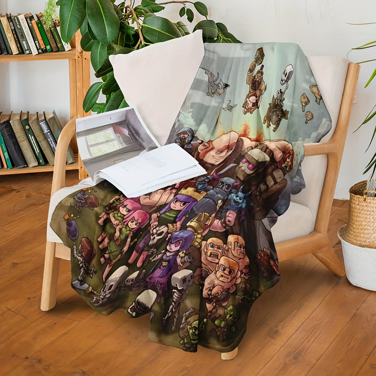 Fleece Blanket with Clash of Clans Characters Digital Print Polyester Machine Washable All Seasons