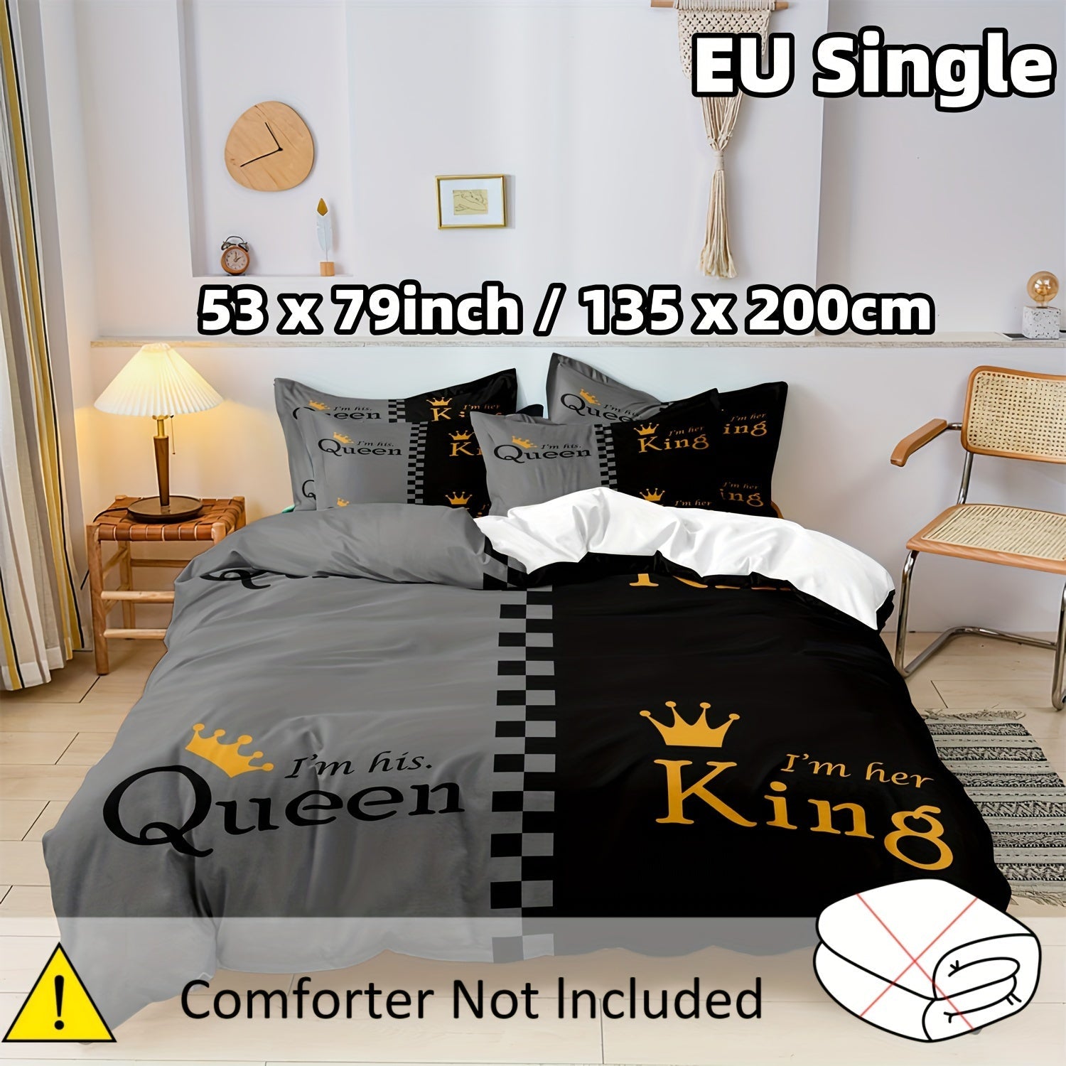 Black and Gray Crown Design Duvet Cover Set for Men Women 2/3pcs Queen King