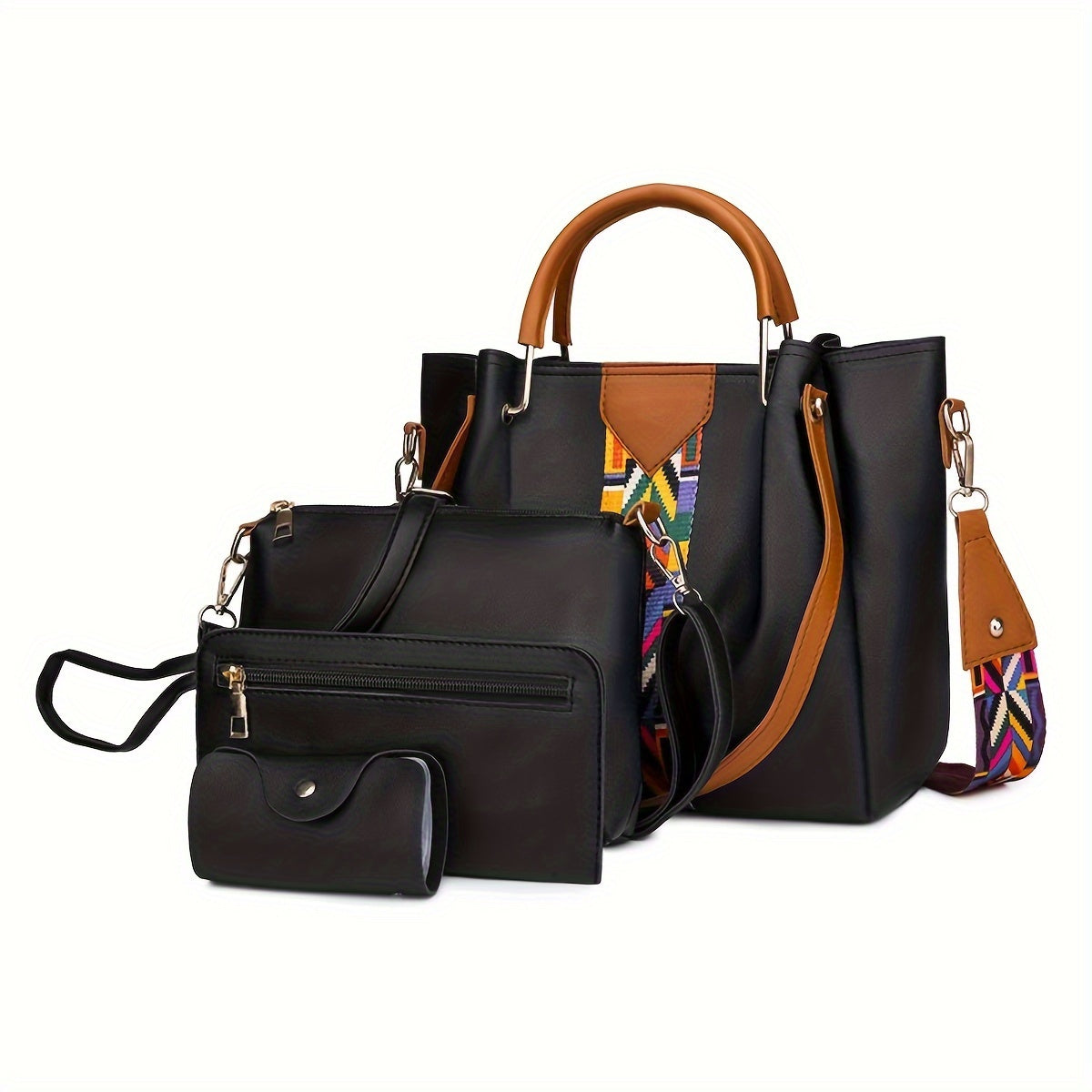 European and American Fashion Multi-Purpose Bag Set with Four Bags in Black Polyester PU
