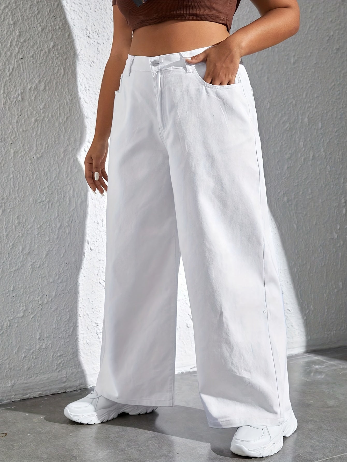 Plus Size Women's Wide Leg White Jeans with Slash Pockets Cotton Casual All-Season
