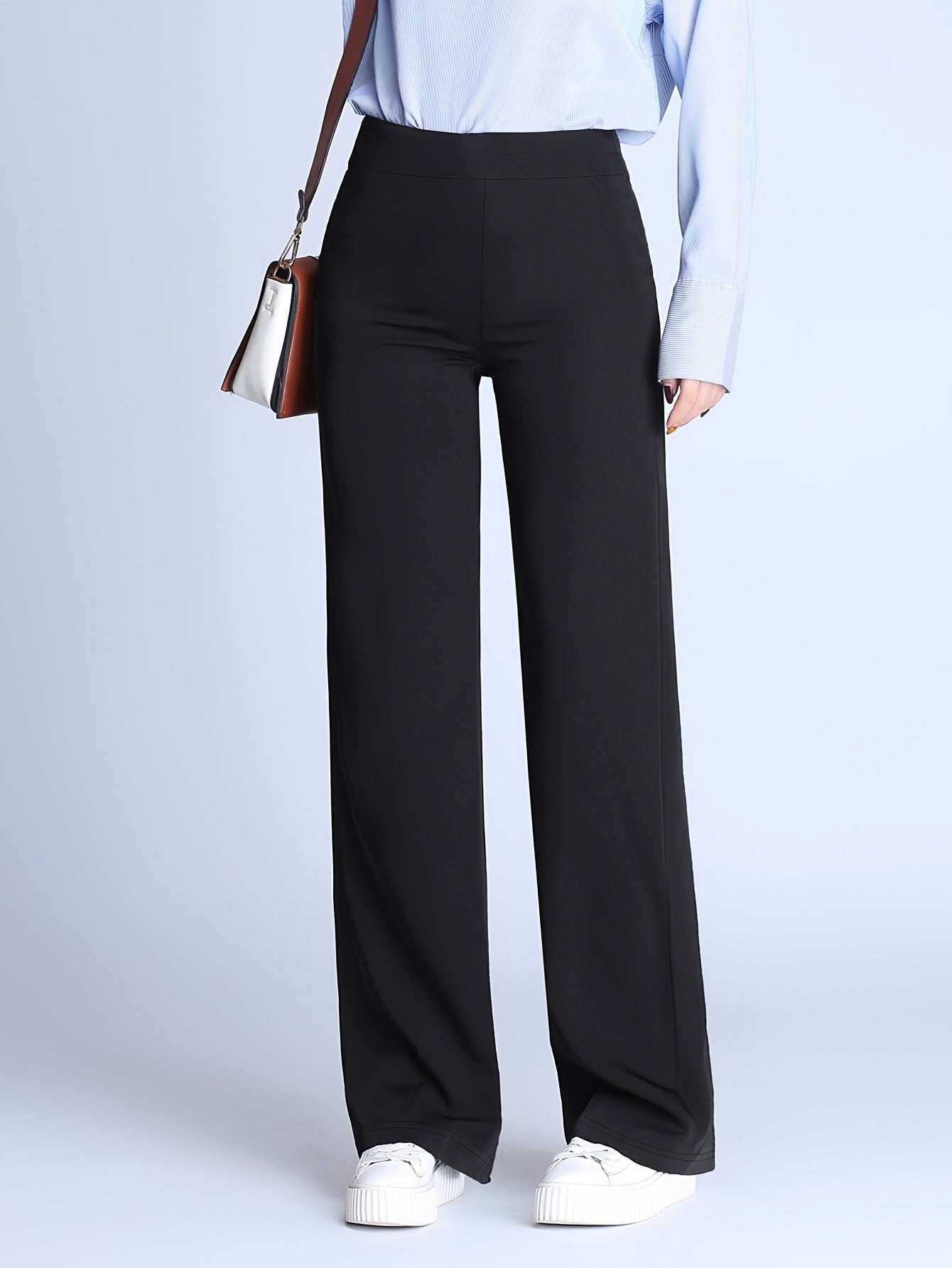 Women's Plus Size Stretchy Solid Color High Waist Straight Leg Pants