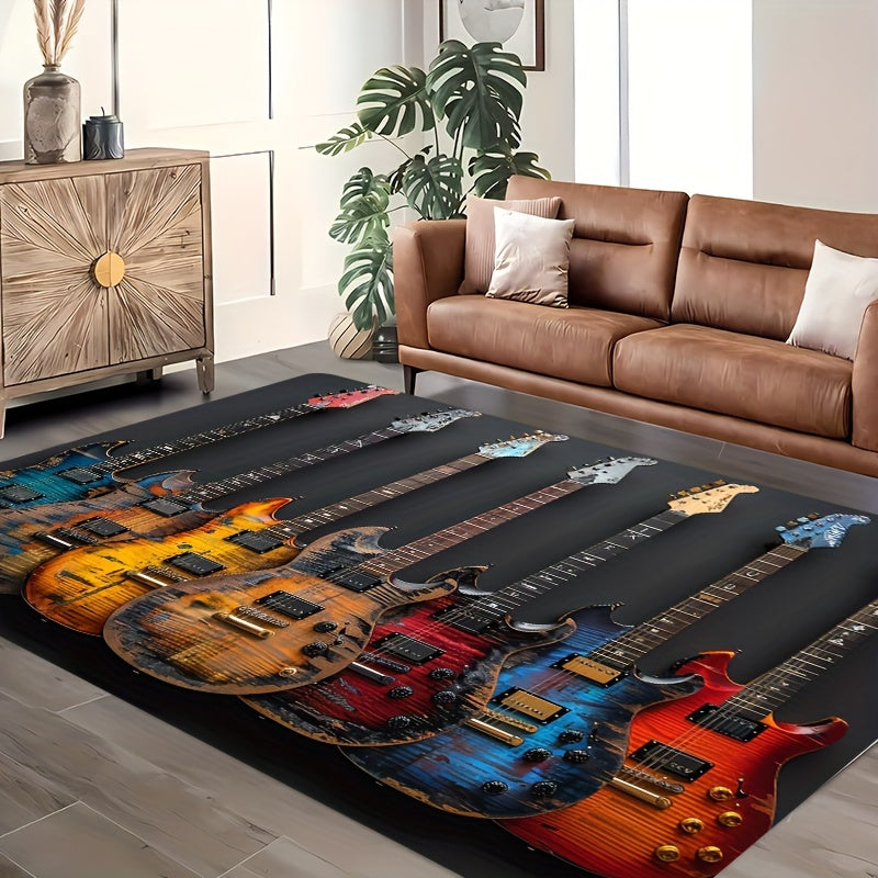 Vibrant Electric Guitar Pattern Rug 8mm Thick Non-Slip Washable Floor Mat