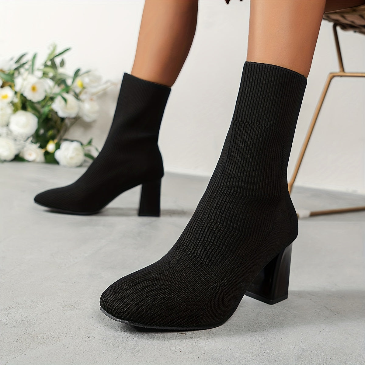 Women's Knitted Slip-On Boots with Chunky Heel and Point Toe