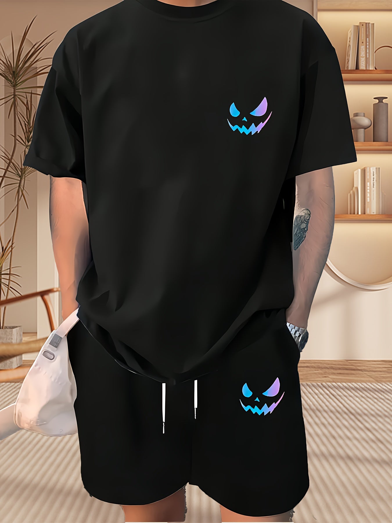 Men's Casual Pajama Set Short Sleeve T-Shirt and Drawstring Shorts Spring Summer Sports