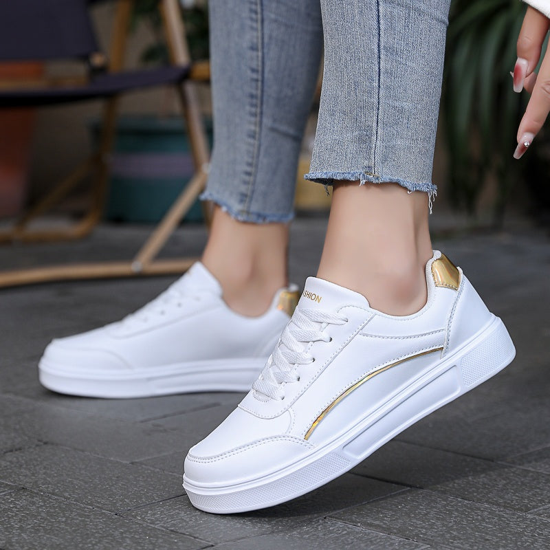 Women’s White Casual Sneakers with Gold Accents Breathable Lightweight Shoes