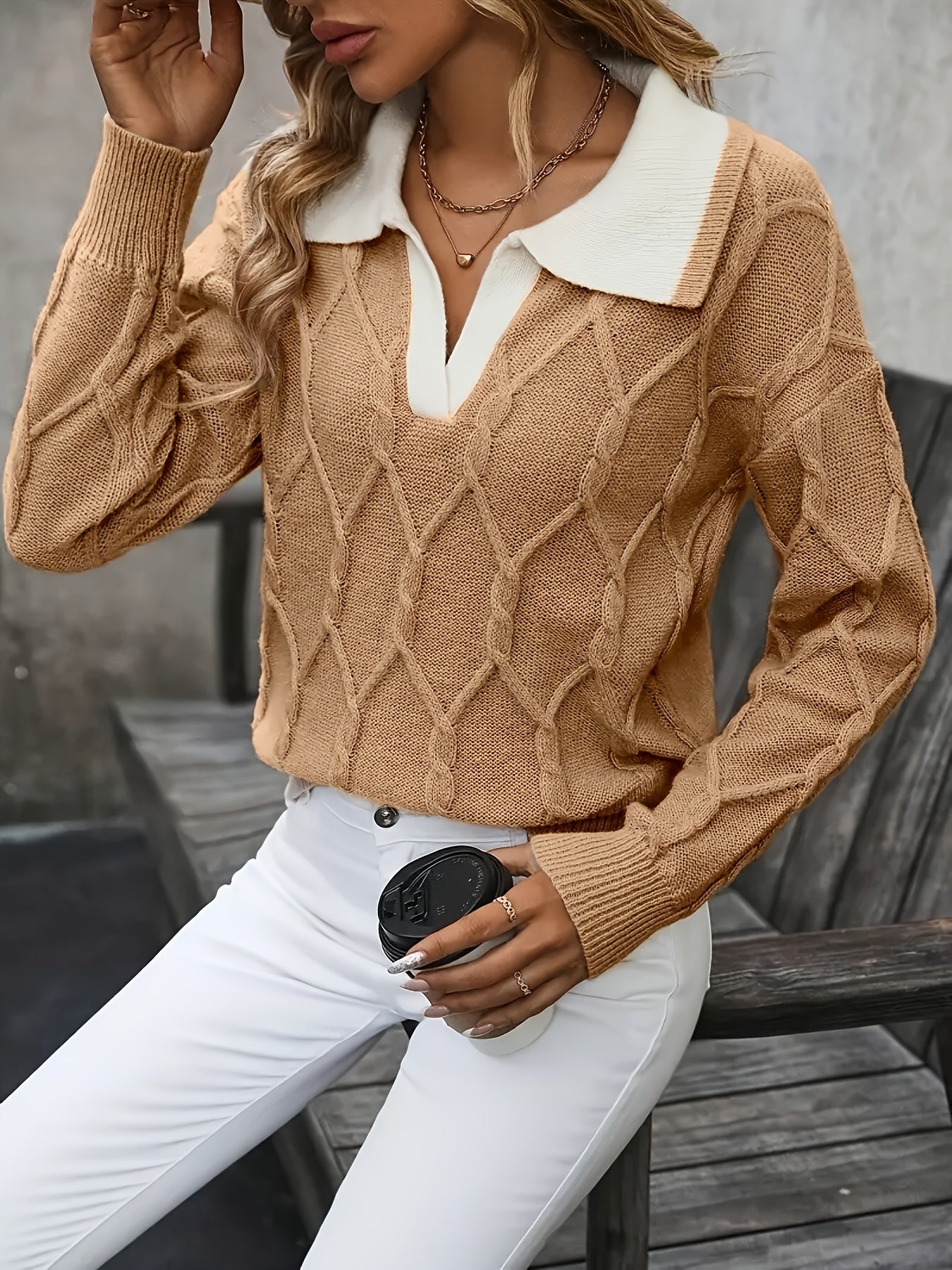 Plus Size Women's Sweater Navy Beige Color Block Button Collar Pullover