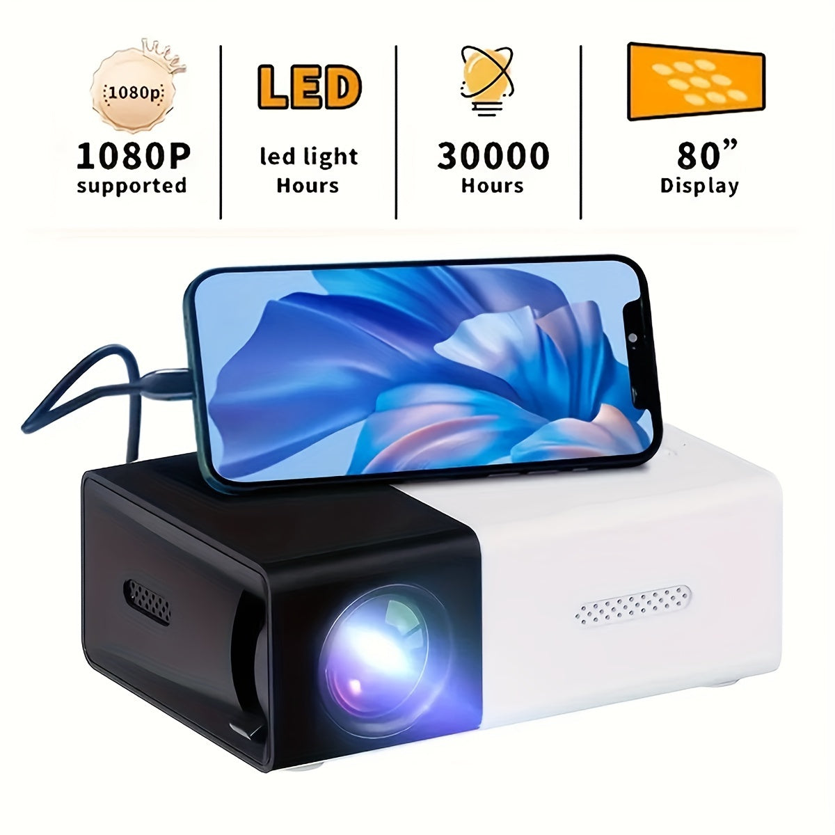 Small 1080P Home Theater Projector with Remote Control LCD Display 3D Ready USB AV Compatibility
