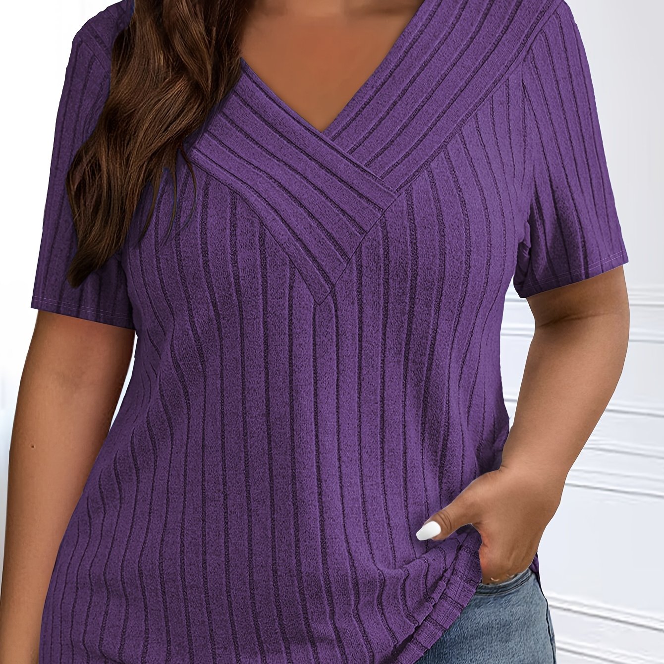 Plus-Size Women's V-Neck Cross Strap T-Shirt Ribbed Short Sleeve Casual Top