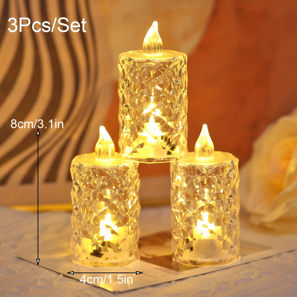 Set of 3 Crystal Pattern LED Flameless Tea Candle Lights for Home Decor Weddings Parties and Festivals
