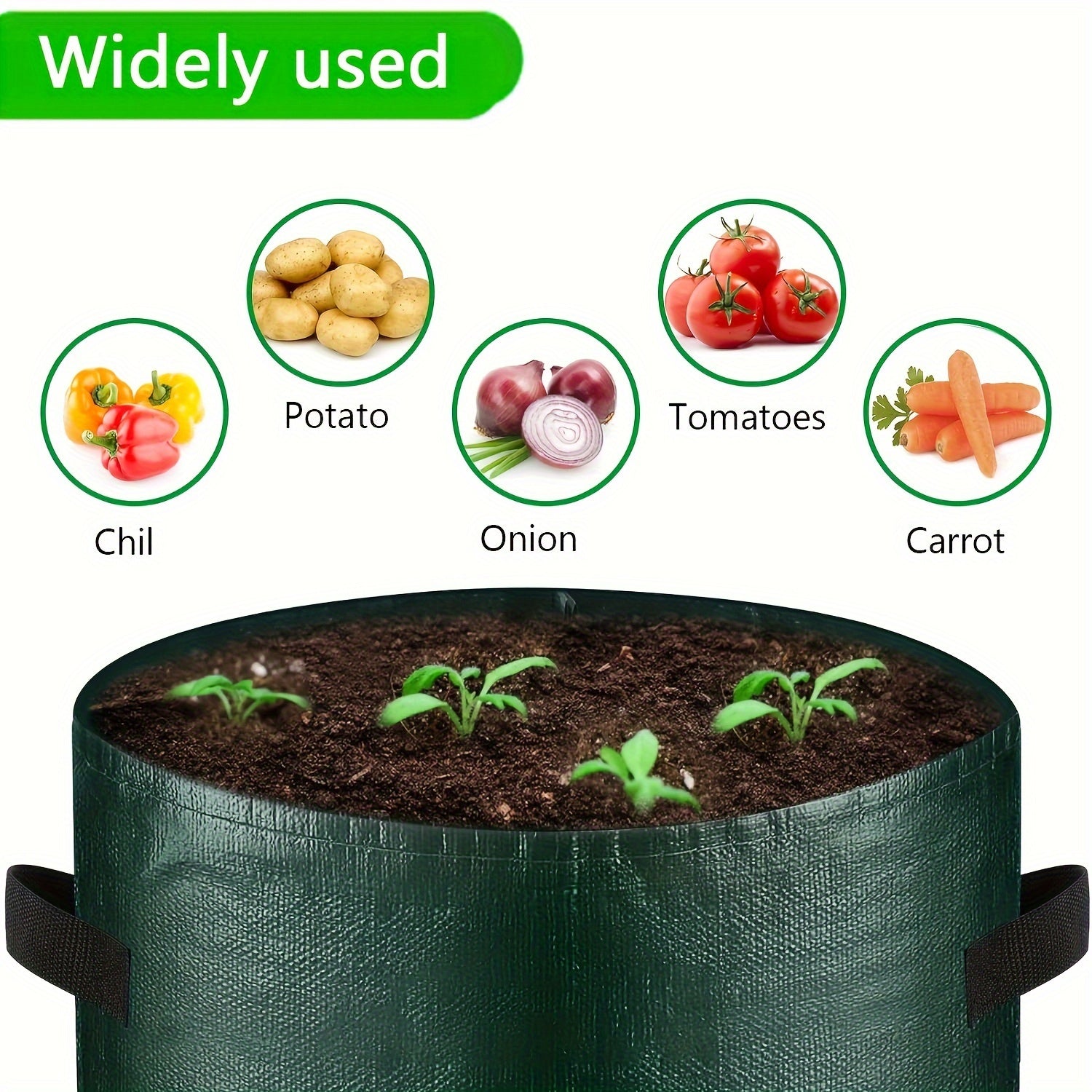 5 dona yashil 7-gallon mato o'simliklar uchun sumkalar, tutqichlar bilan, ochiq havoda sabzavot yetishtirish uchun