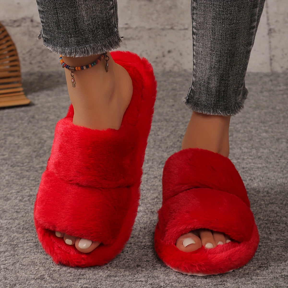 Women's Plush Leopard Print Open-Toe Slippers with EVA Sole and Soft Fabric