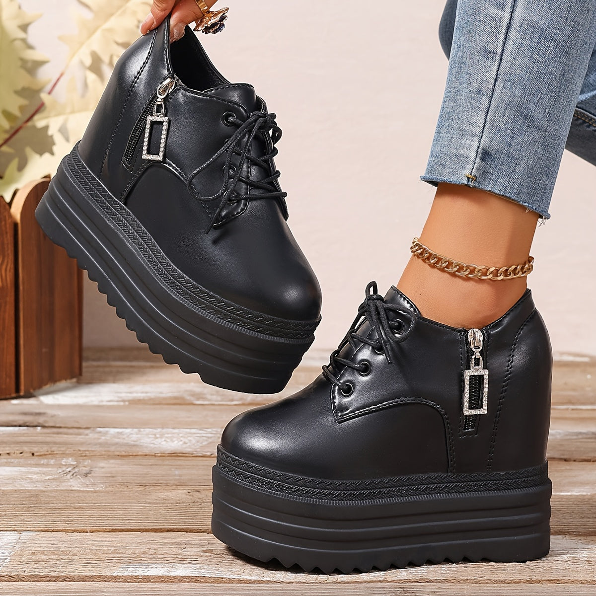 Zapatos de plataforma blancos para mujer con cremallera, suela gruesa y tacón alto