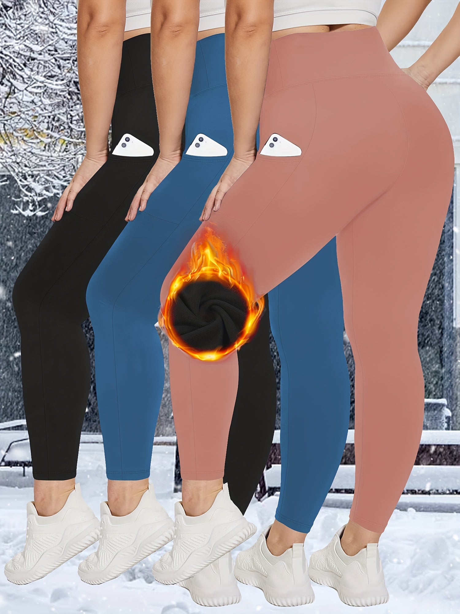 Plus Size Fleece-Lined Leggings High Waist Pockets Knit Solid Color