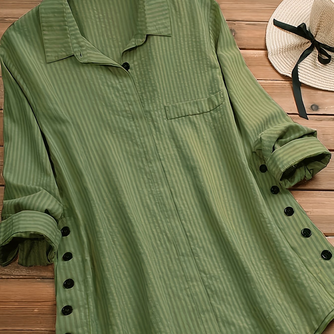 Women's Green Striped Long Sleeve Shirt with Button Detail Casual Chic Polyester