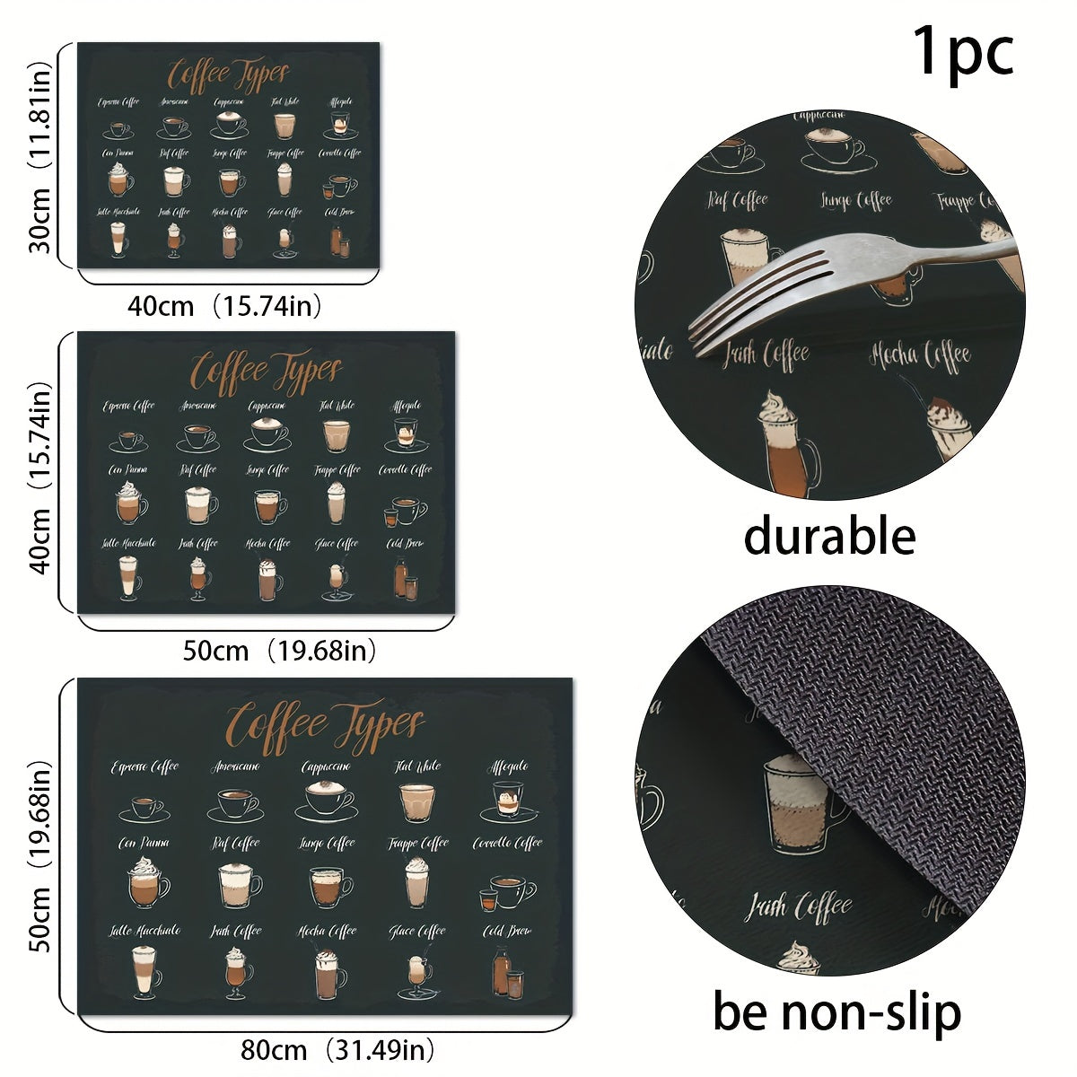 Vintage Coffee Pattern Rubber Dish Mat Kitchen Counter Protector Placemat