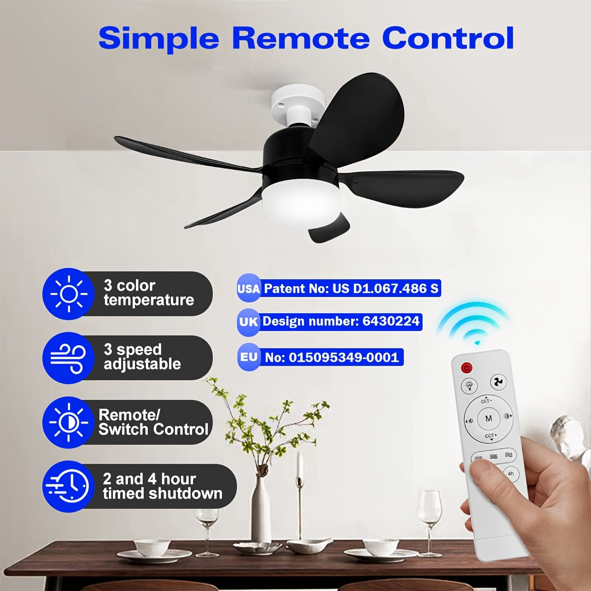 Remote boshqaruv va sozlanadigan tezlik, taymer va simsiz infraqizil bilan zamonaviy 3-rangli LED shiftli fan chiroqi. Turli xonalar uchun oson o'rnatish.