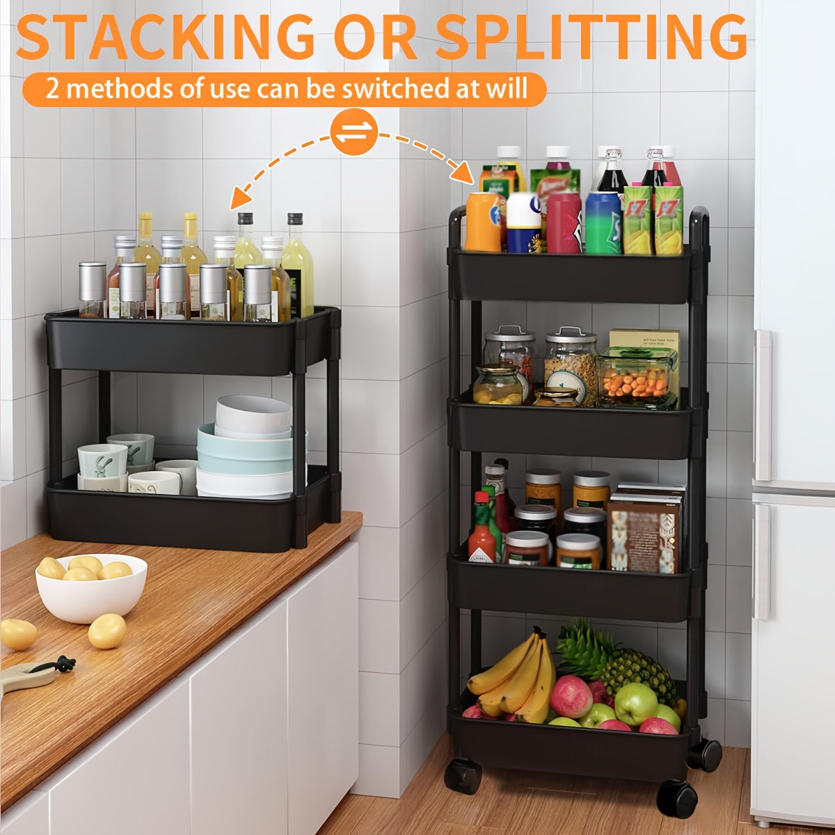 Черная 4-х уровневая пластиковая тележка на колесиках с ручкой, идеально подходит для офиса, гостиной, кухни или спальни, многофункциональная тележка для хранения на колесах