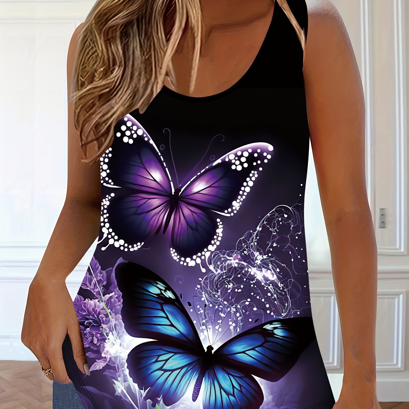 Plus Size Butterfly Print Tank Top Sleeveless Cotton Blend Summer
