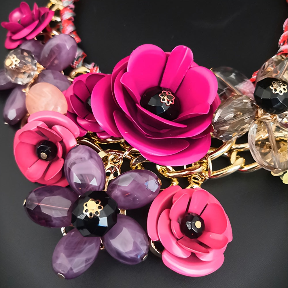 Ayollar uchun zamonaviy gullar dizayni va sun'iy kristall pendanti bo'lgan qalin metall kalta zanjir, uslubiy bo'yin zanjiri aksessuar