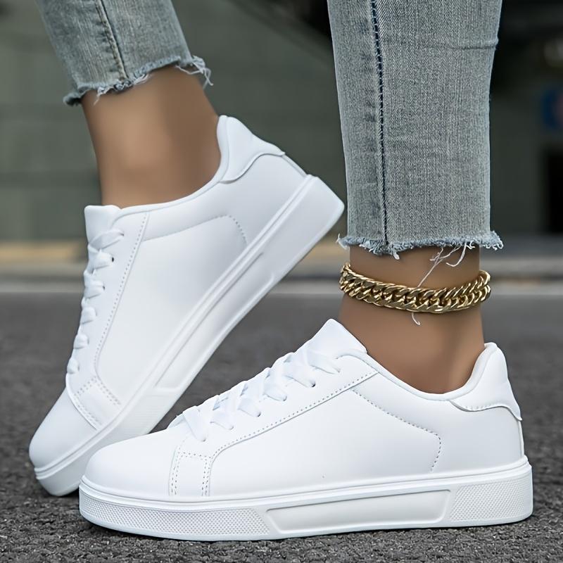Women's White Lace-Up Sneakers Lightweight Casual All-Season Sports Shoes