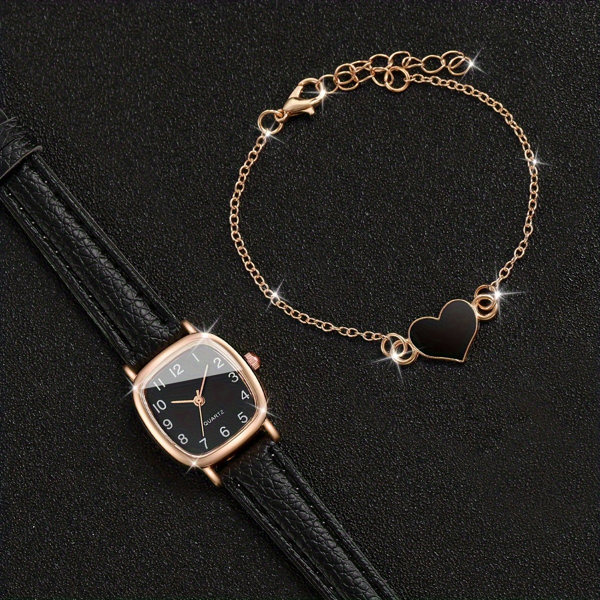 Women's Fashion Watch Set with Square Dial Quartz Watch and Heart Charm Bracelet