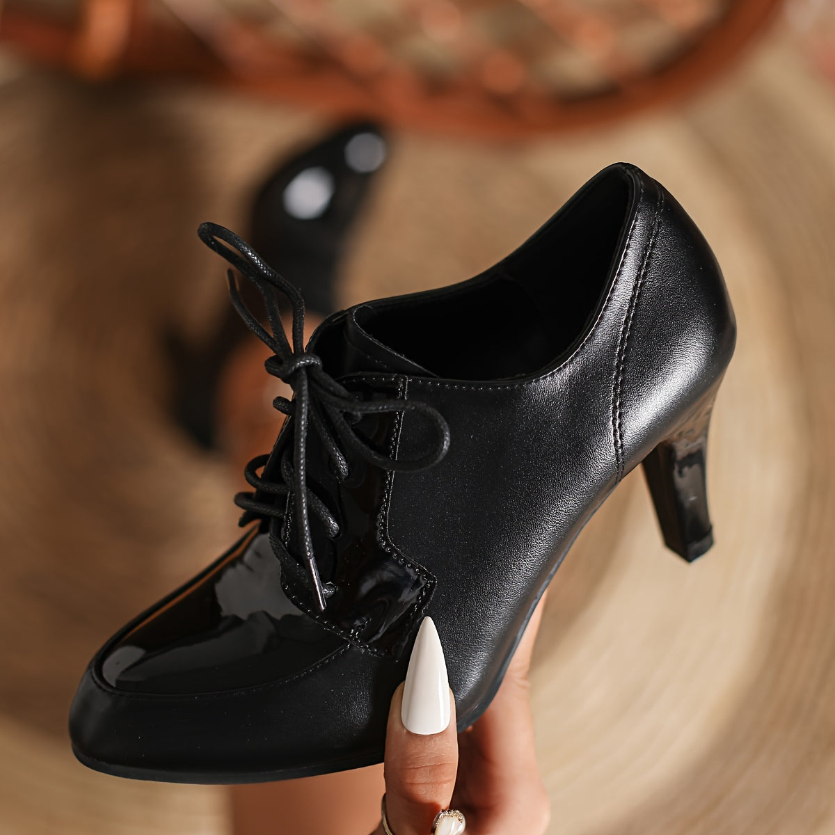 Women's Faux Leather Ankle Boots with Pointed Toe Lace-Up Heels