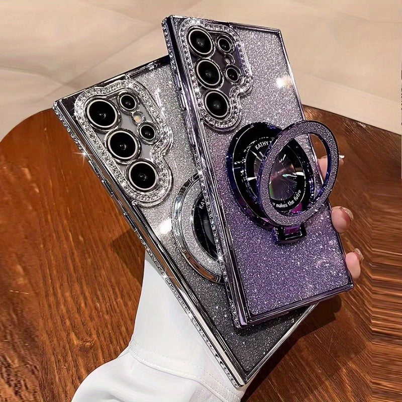 Magnetic Rhinestone Glitter Case for Samsung Plus TPU Plating with Holder and Wireless Charging