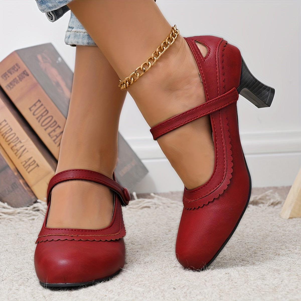 Women's Synthetic Chunky Mid-Heel Pumps with Round Toe and Decorative Strap