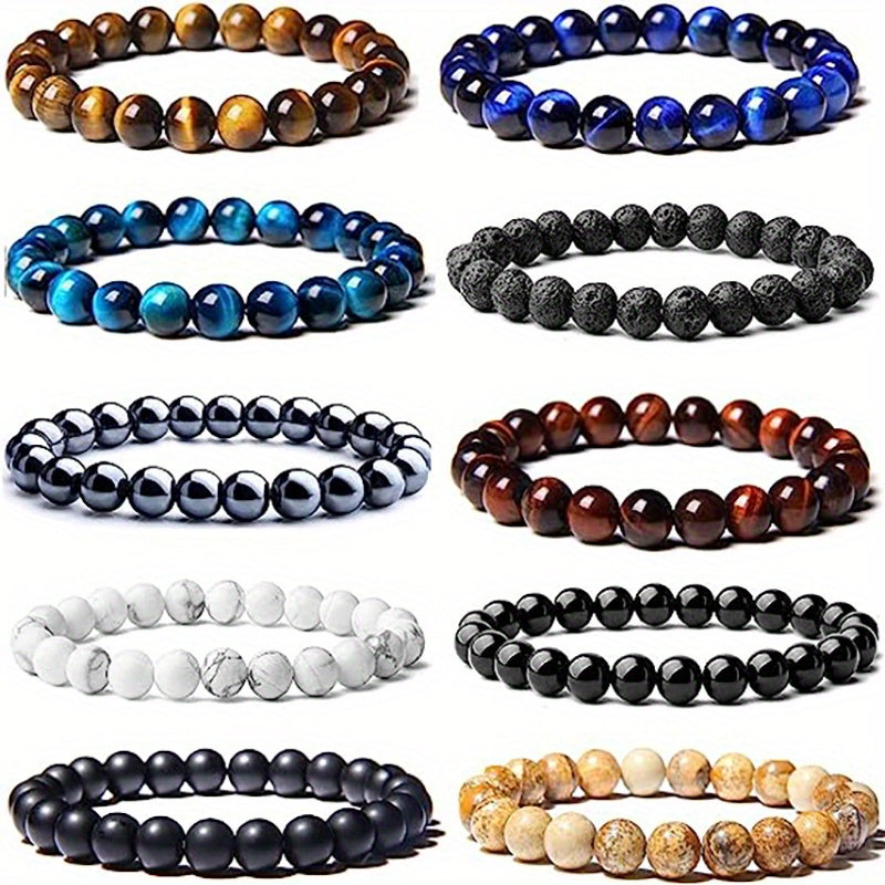 Set of 10 8mm Semi Precious Stone Beaded Bracelets for Men Women Healing Crystal Unisex Gift