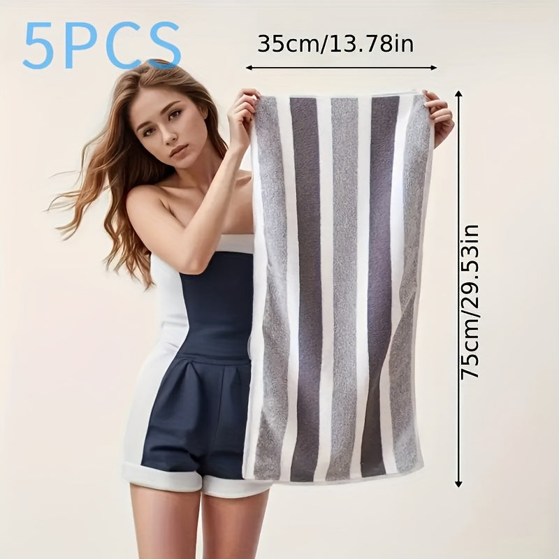 Set of 5 Ultra-Soft Quick-Dry Striped Bath Towels 35x75cm for Home Gym Spa