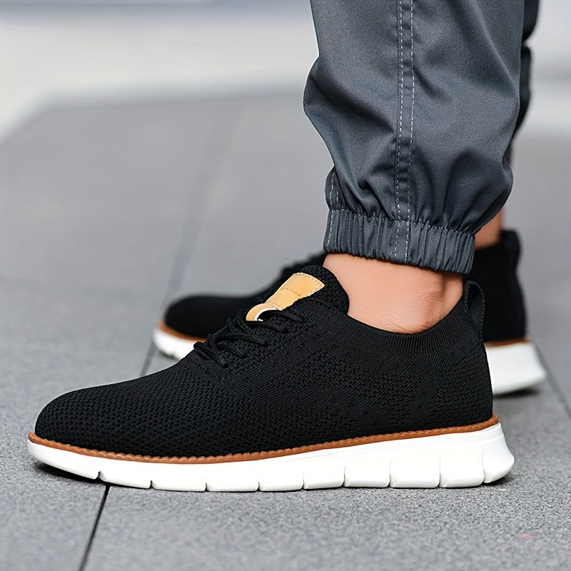Men's Breathable Knit Business Casual Shoes Beige Brown Leather Upper EVA Sole Round Toe All-Season
