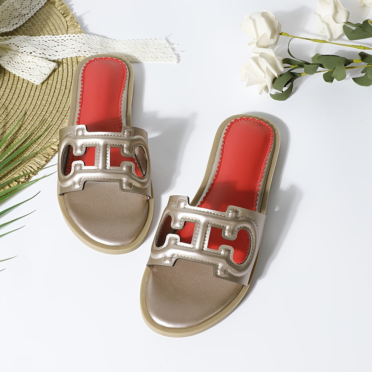 Women's Summer Slip-On Slippers Black PU Open-Toe Flat Casual