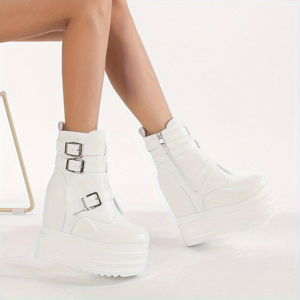 Women's Punk-Inspired Platform Ankle Boots with Buckle Zipper Black White