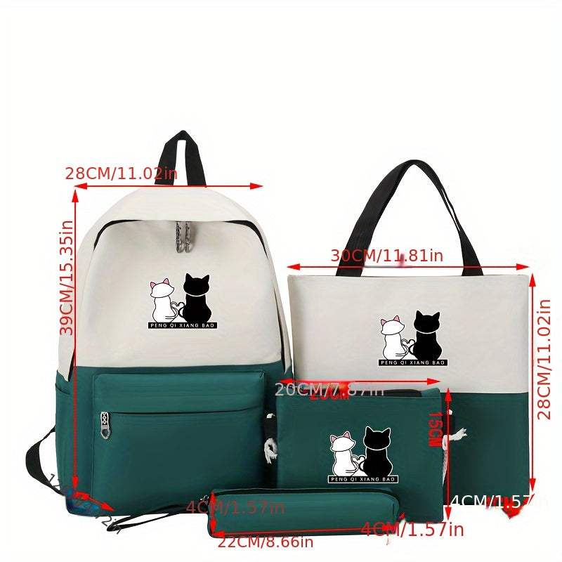 Blue Cartoon Cat Print Backpack Set with Tote Pencil Case and Wallet for School and Travel