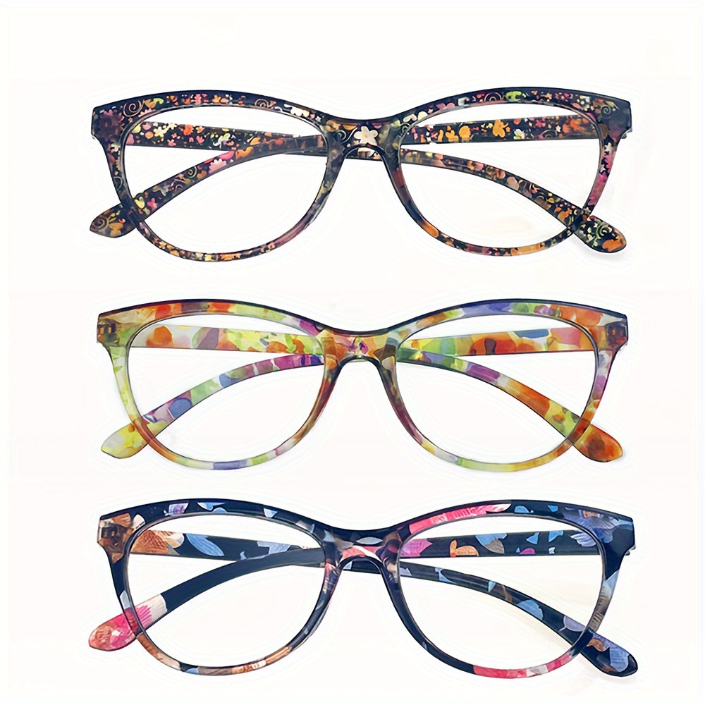 Набор из 3 стильных очков для чтения Cat Eye с защитой от синего света и цветочным дизайном