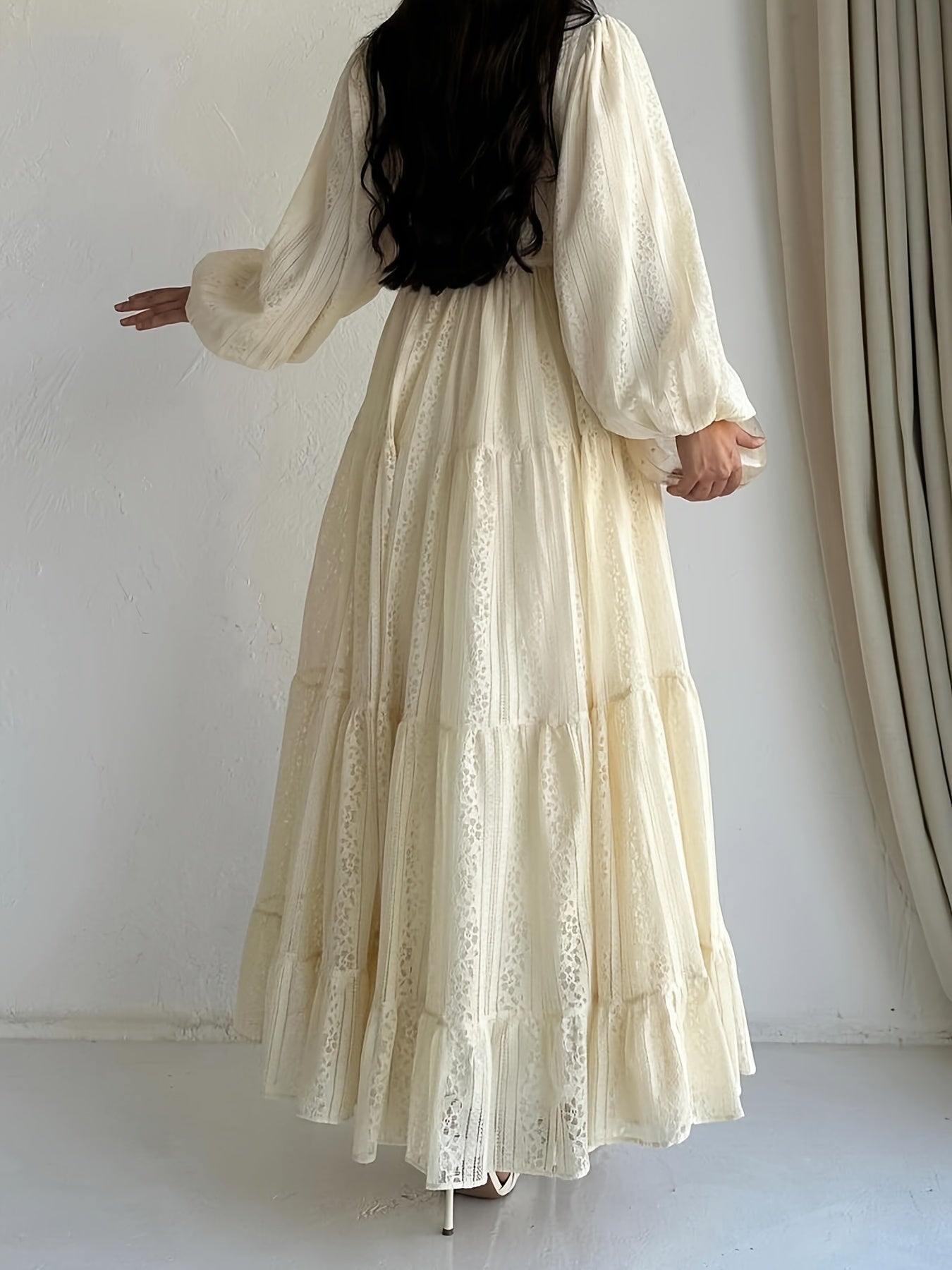 Women's Long Robe Dress with Lace Collar Solid Color Polyester Spandex All Seasons
