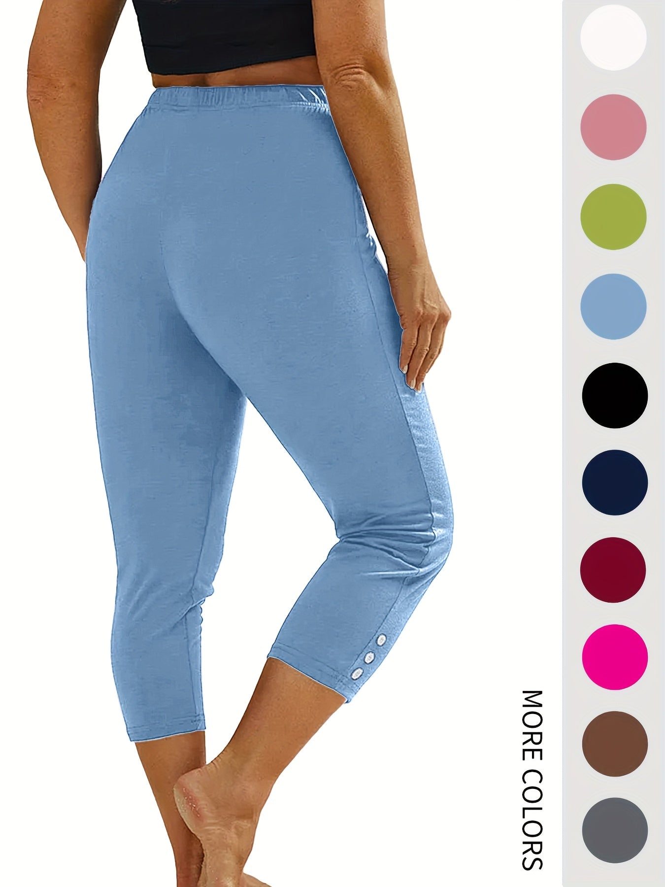 Women's High-Waisted Capri Leggings 5-Pack Faux Button Solid Colors Stretch