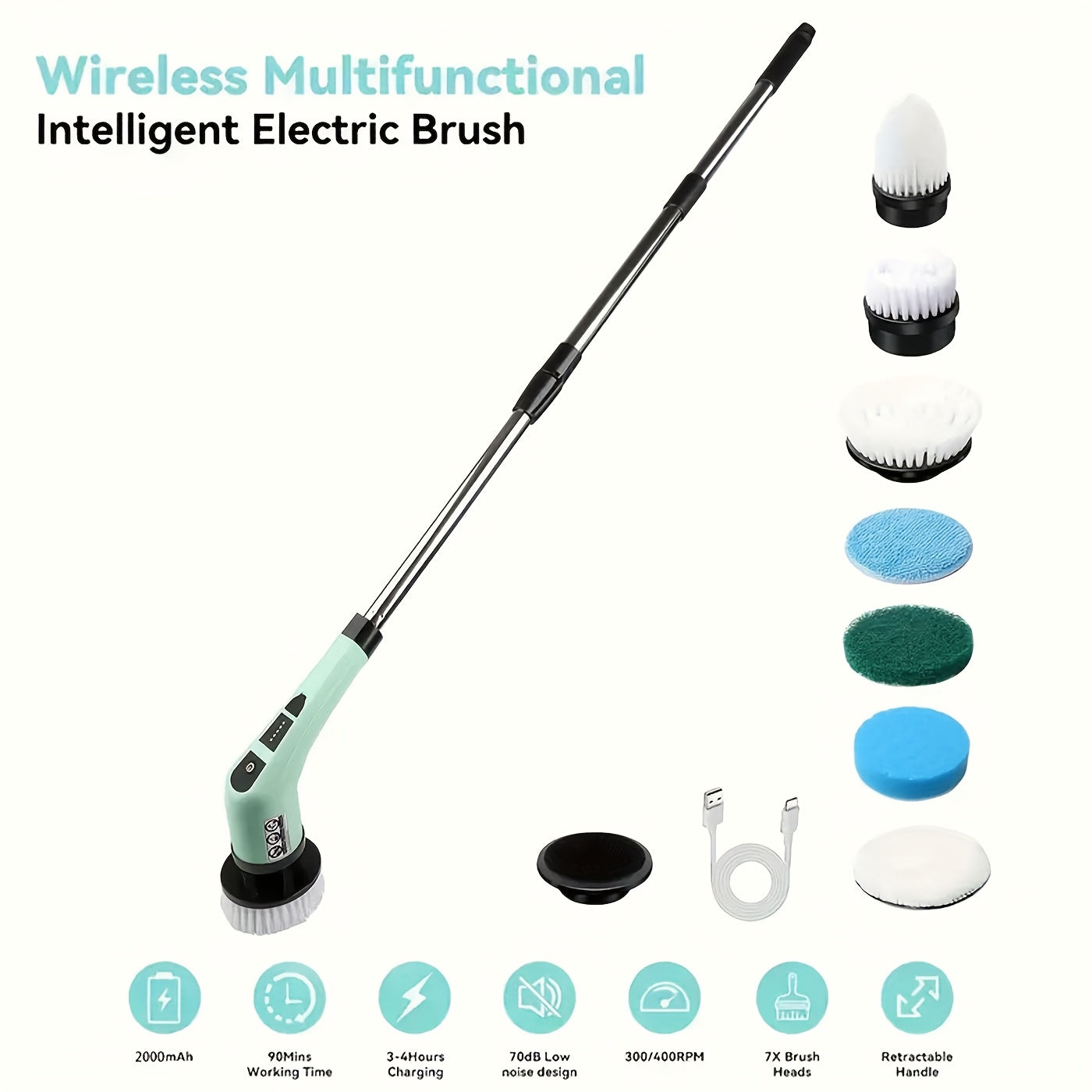 7 ta cho'tka bilan simsiz elektr burilish tozalash cho'tkasi, ikki tezlikli teleskop tutqich