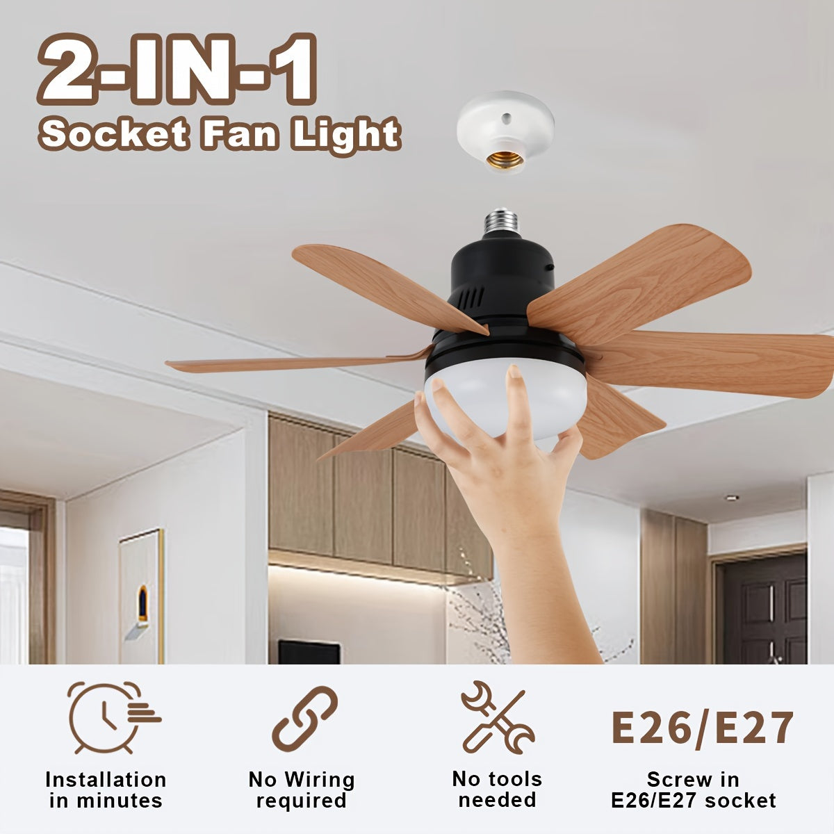 52.07cm Ceiling Fan with Light Remote Control Adjustable LED 6 Blades Black Wood Finish