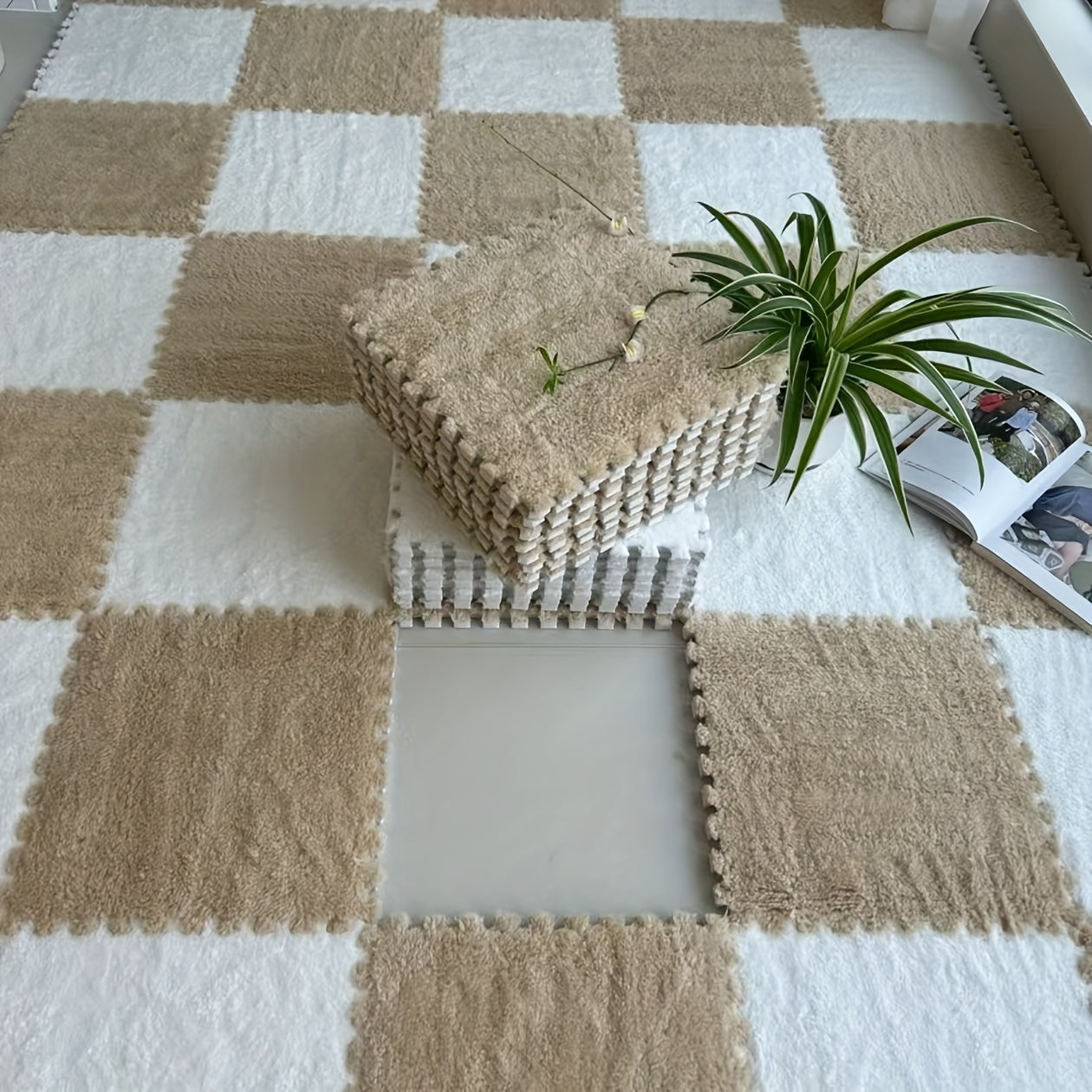 Juego de 24 alfombrillas de felpa floral entrelazadas de forma cuadrada para salón y dormitorio