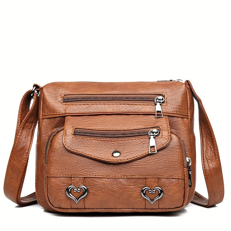 Brown Crossbody Bag with Adjustable Strap, Multiple Compartments, Heart Studs, Lightweight, Casual