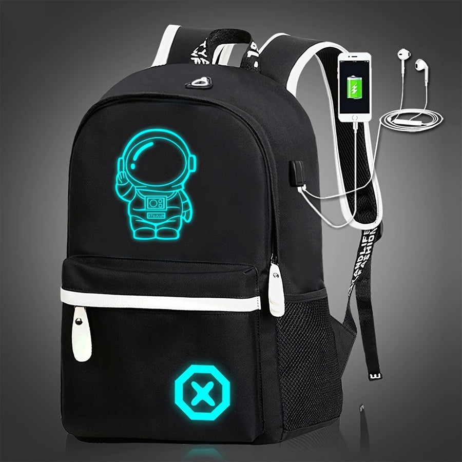 Glow-in-the-Dark Cartoon Backpack with USB Charging Adjustable Straps Zipper Closure