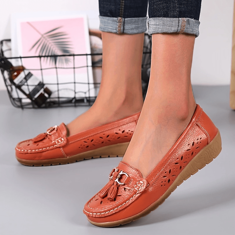Women's Embroidery Loafers with Metal Tassel Hollow Out Soft Platform Shoes