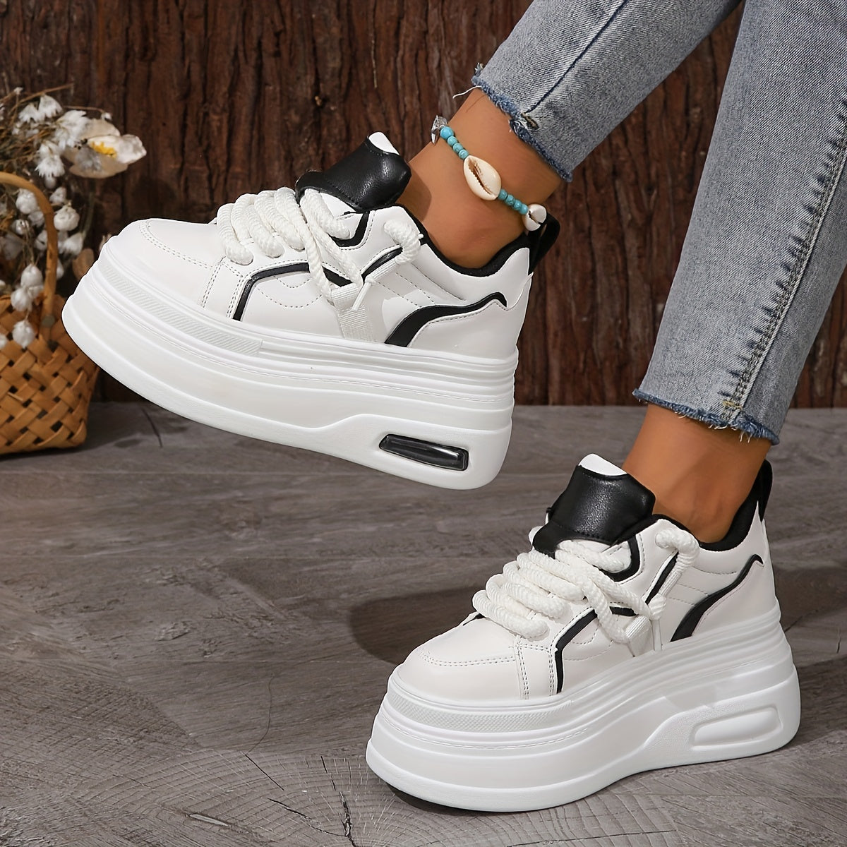 Women's Trendy Platform Sneakers Lace Up Wedge Skate Shoes Air Cushion