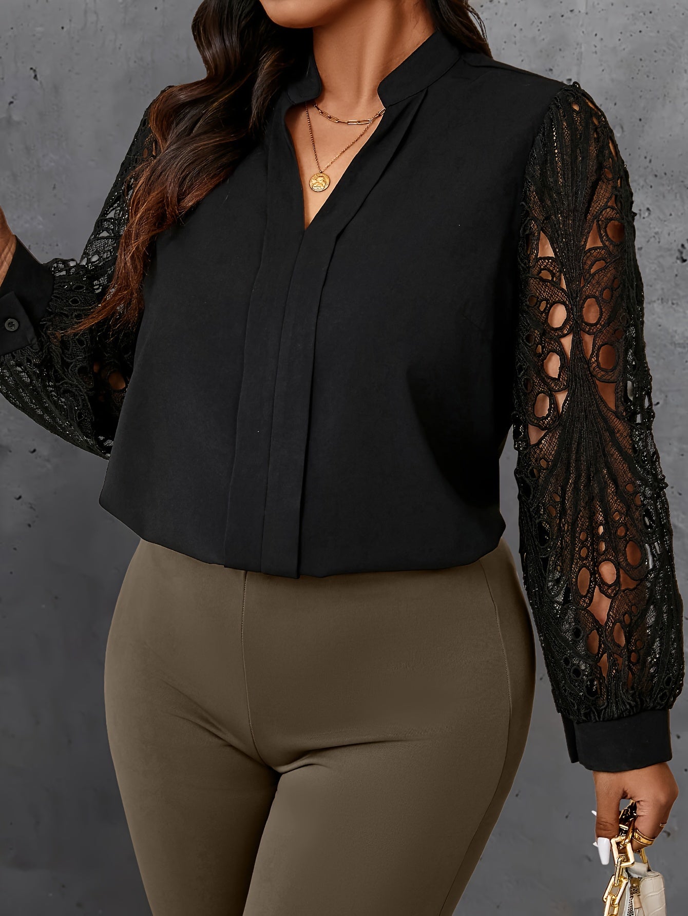 Women Long Sleeve V-Neck Blouse Polyester Solid Color Contrast Mesh Fall Winter