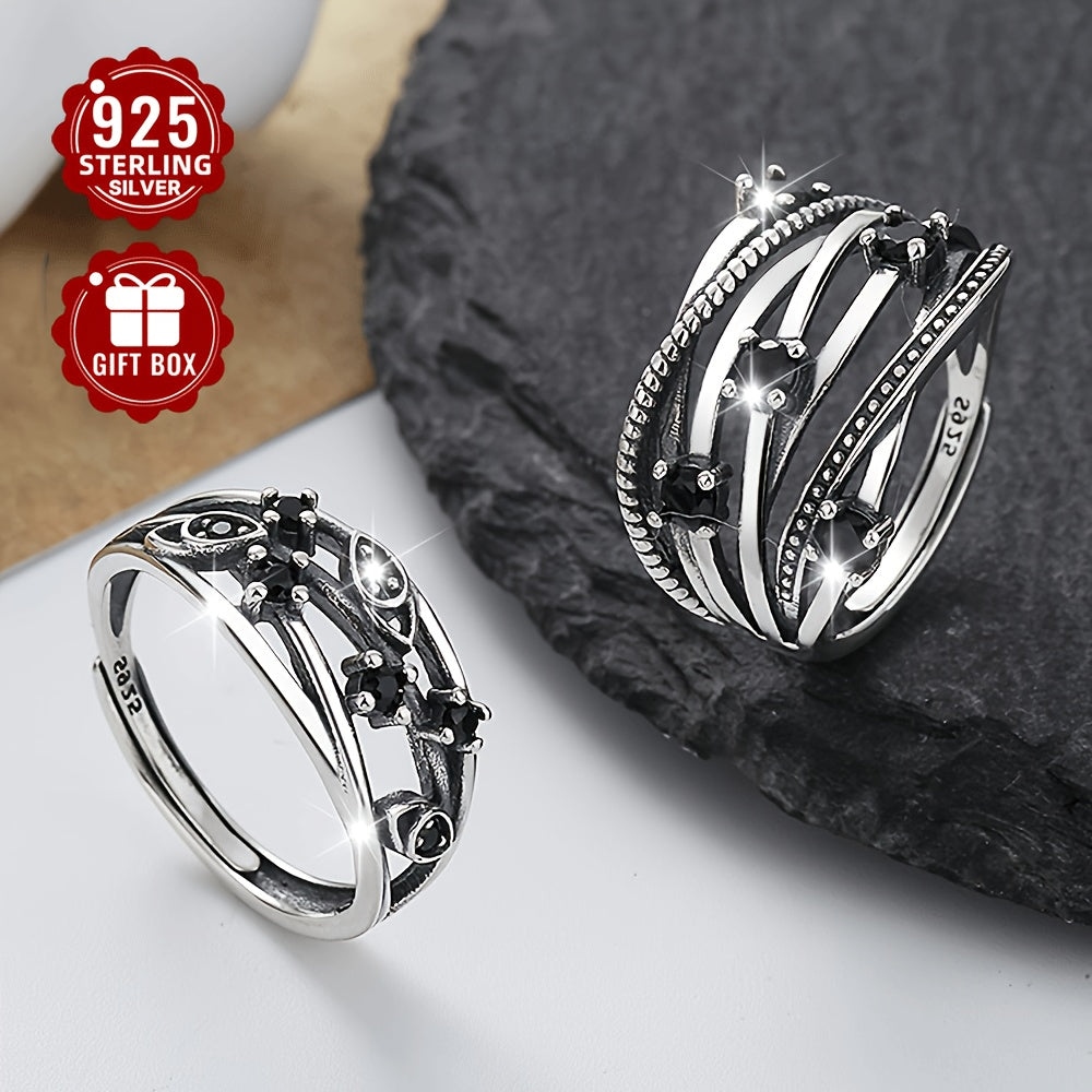 Sterling Silver Adjustable Open Band Multi-Layer Ring with Black Synthetic Zirconia