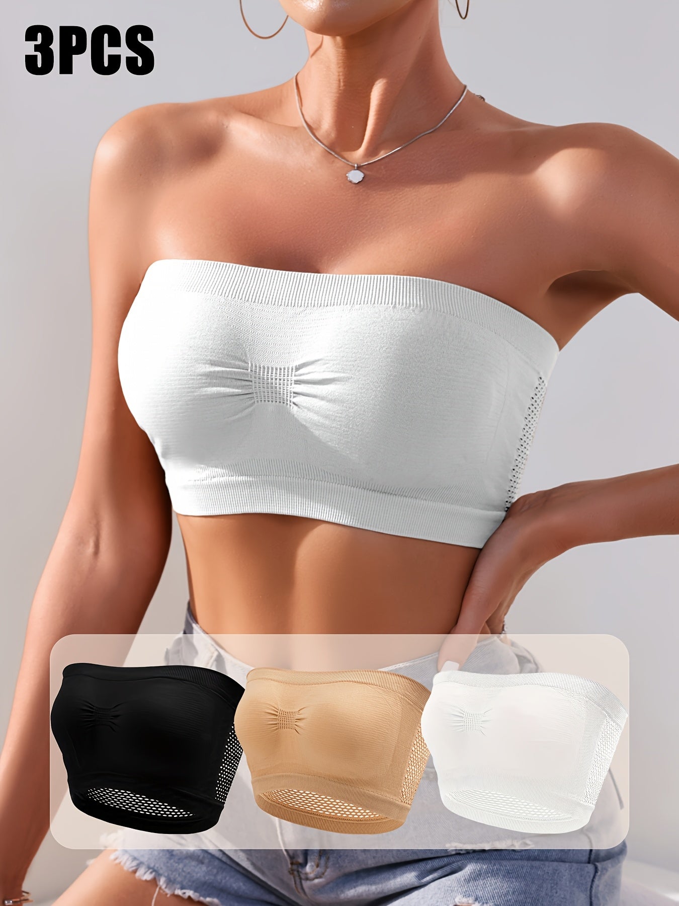 Women's Mesh Bandeau Tube Bra 3-Pack Non-Slip Seamless Plus Size