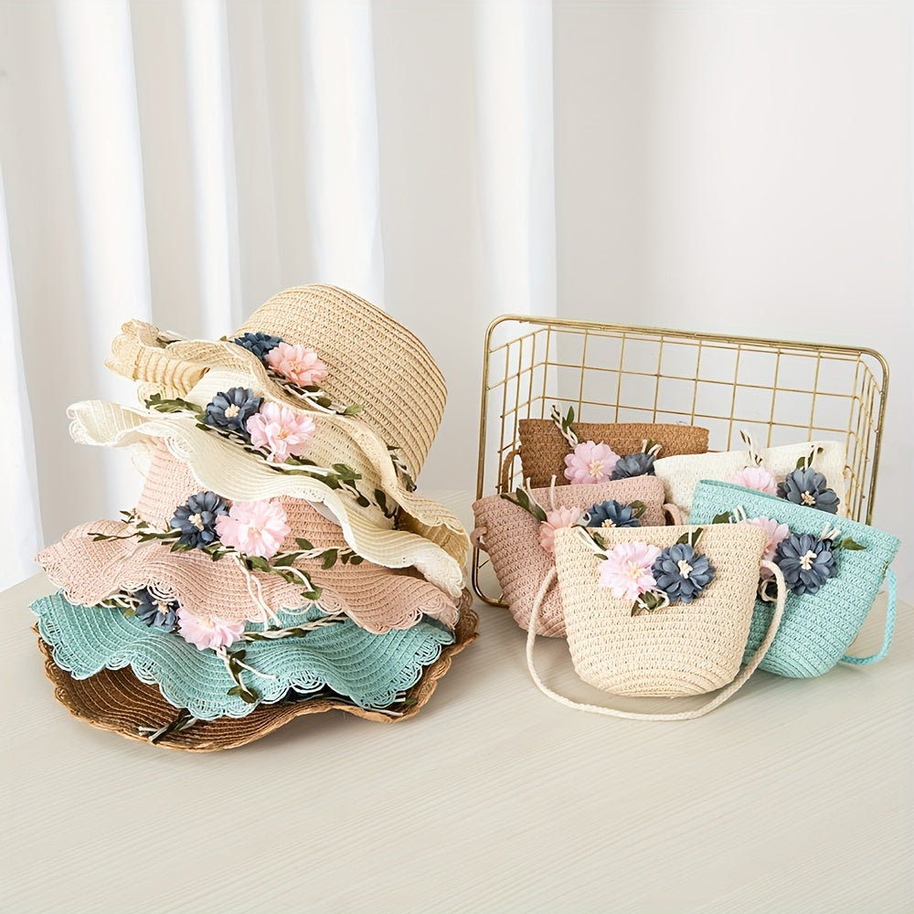 Girls' Straw Hat Set with Flower Decoration and UV Protection for Summer Beach Vacation