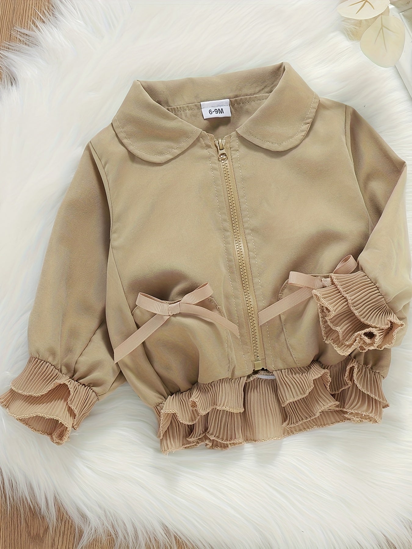 Toddler Girls Beige Zip-Up Jacket with Ruffle Detail for Spring Fall Fashion