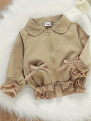 Toddler Girls Beige Zip-Up Jacket with Ruffle Detail for Spring Fall Fashion